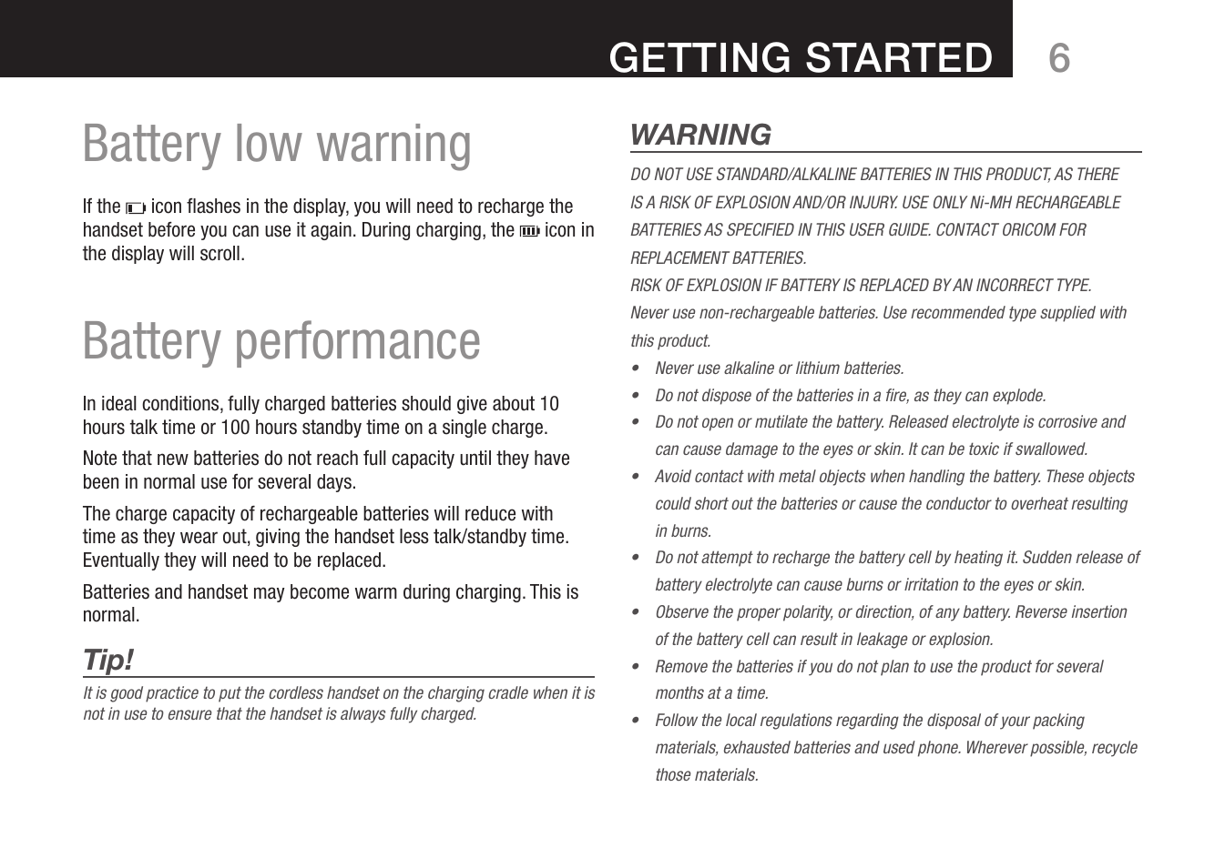 Battery low warning, Battery performance, 6getting started | Warning | Oricom 8000 User Manual | Page 7 / 44