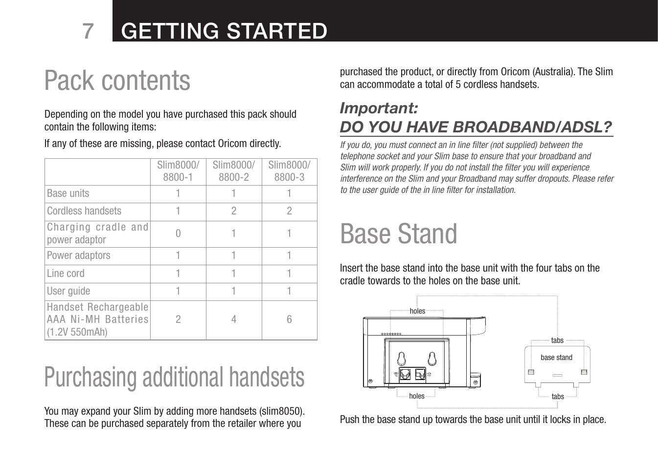 Pack contents, Purchasing additional handsets, Base stand | 7getting started, Important: do you have broadband/adsl | Oricom 8000 User Manual | Page 8 / 44