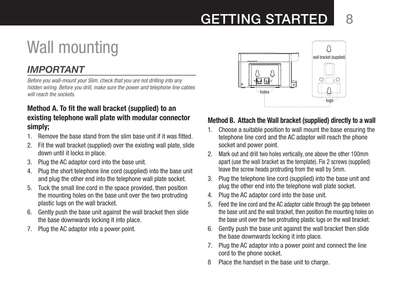 Wall mounting, 8getting started, Important | Oricom 8000 User Manual | Page 9 / 44