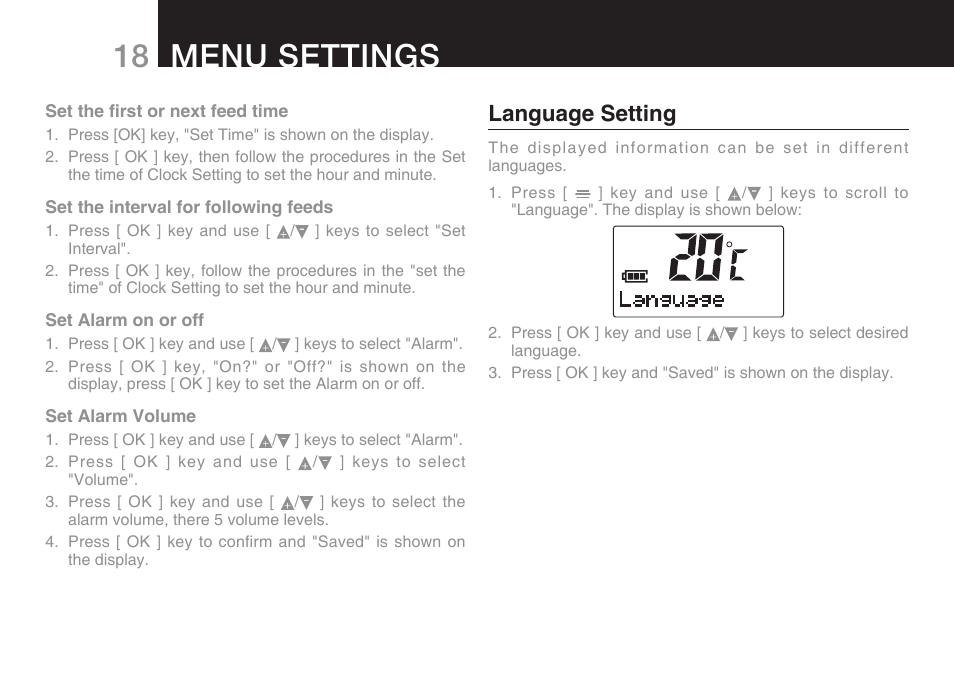 18 menu settings, Language setting | Oricom 200 User Manual | Page 20 / 24