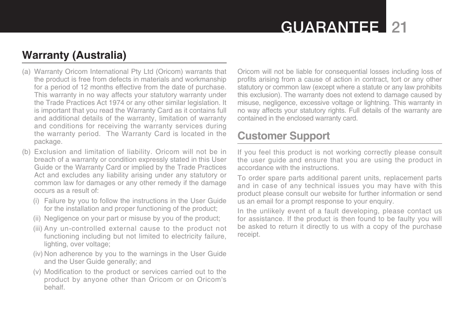 21 guarantee, Warranty (australia), Customer support | Oricom 200 User Manual | Page 23 / 24