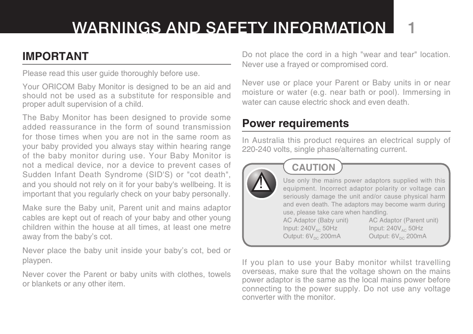 Warnings and safety information, Power requirements, Important | Oricom 200 User Manual | Page 3 / 24