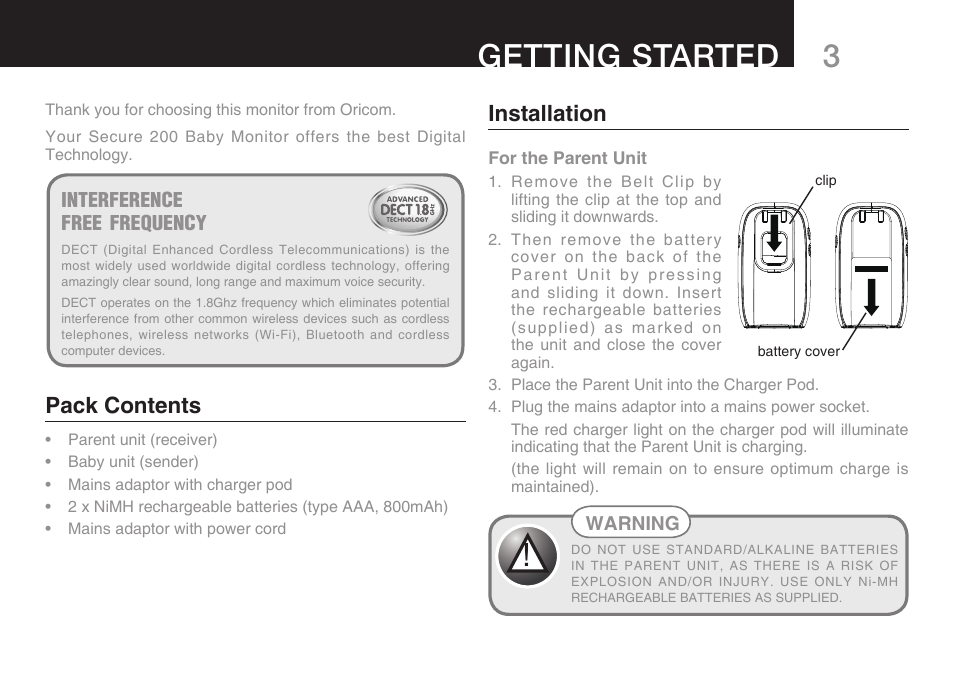 Getting started, Interference free frequency, Pack contents | Installation | Oricom 200 User Manual | Page 5 / 24