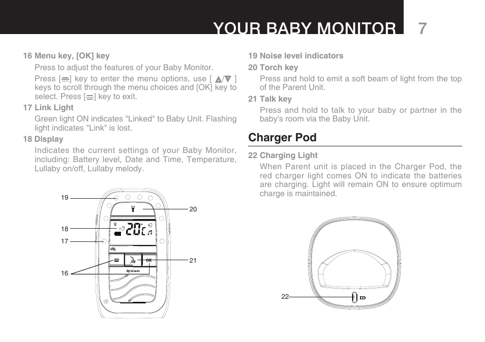 7your baby monitor, Charger pod | Oricom 200 User Manual | Page 9 / 24