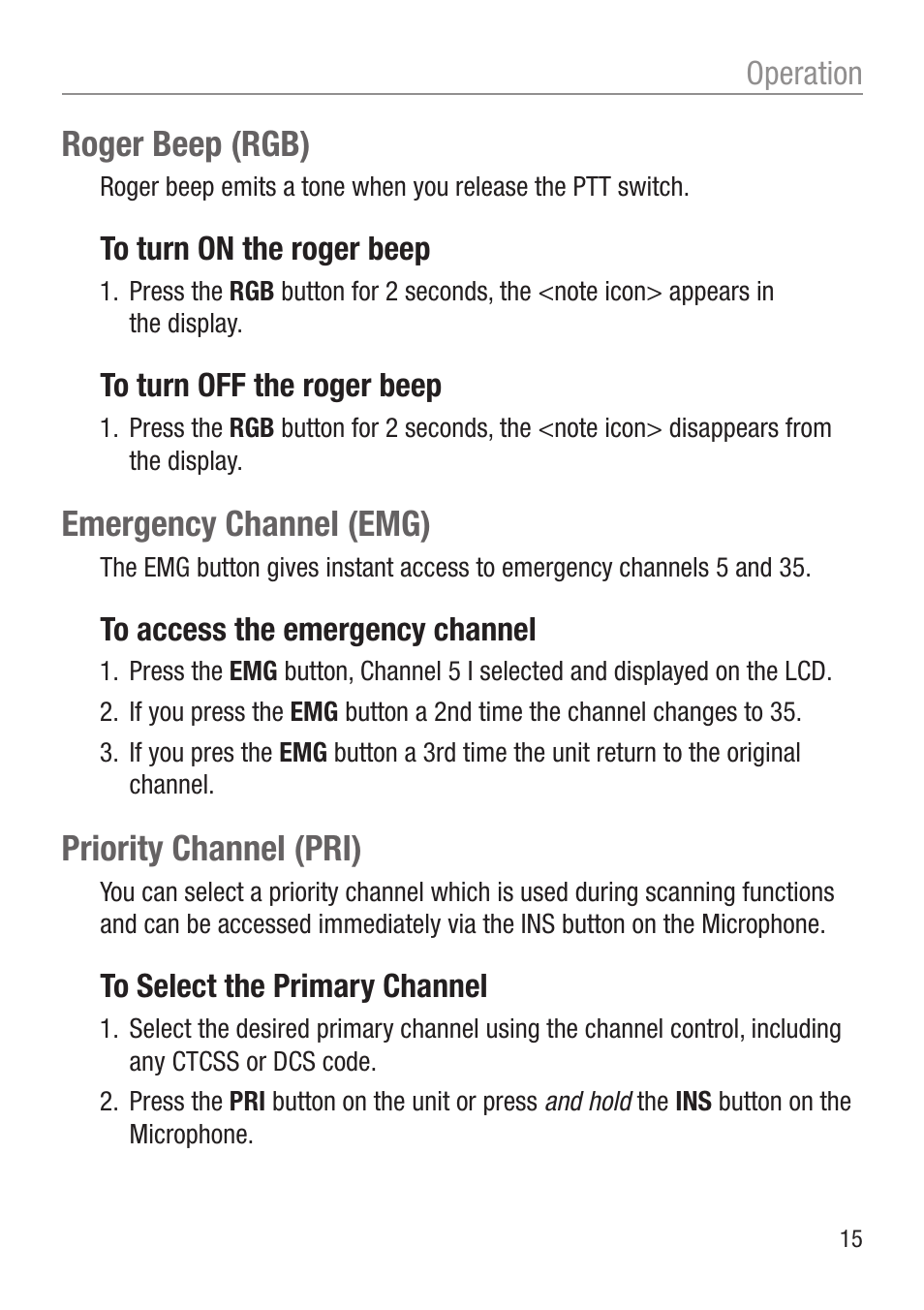 Roger beep (rgb), Emergency channel (emg), Priority channel (pri) | Operation | Oricom UHF050 User Manual | Page 15 / 24