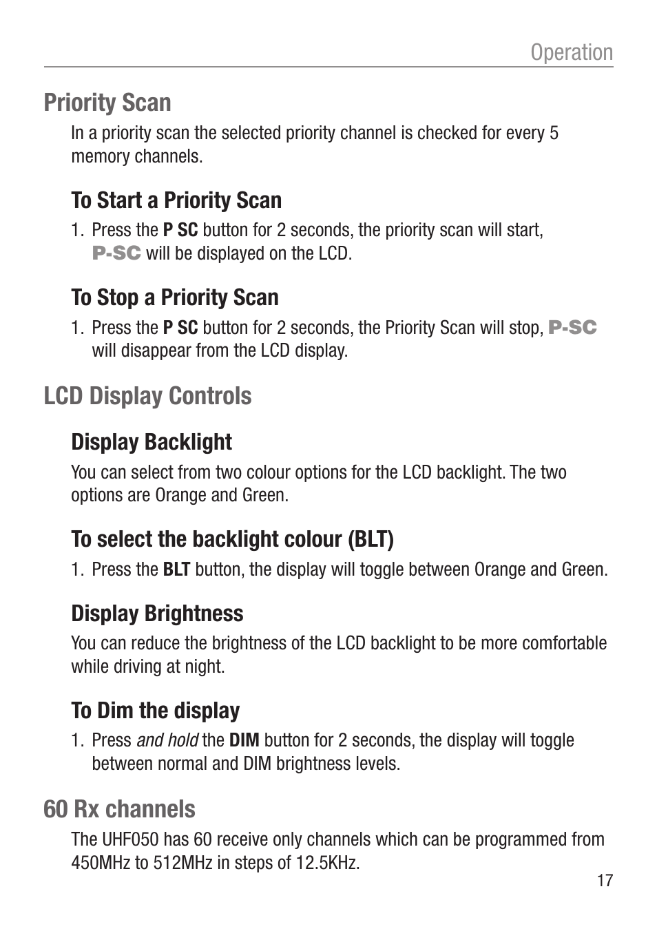 Priority scan, Lcd display controls, 60 rx channels | Oricom UHF050 User Manual | Page 17 / 24