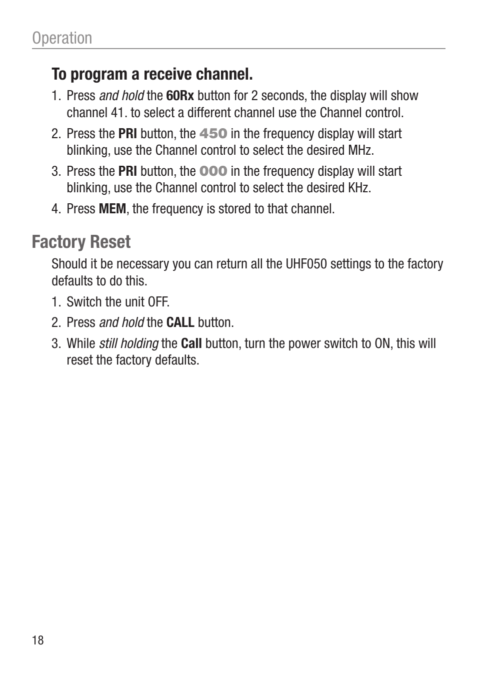 Factory reset, Operation | Oricom UHF050 User Manual | Page 18 / 24