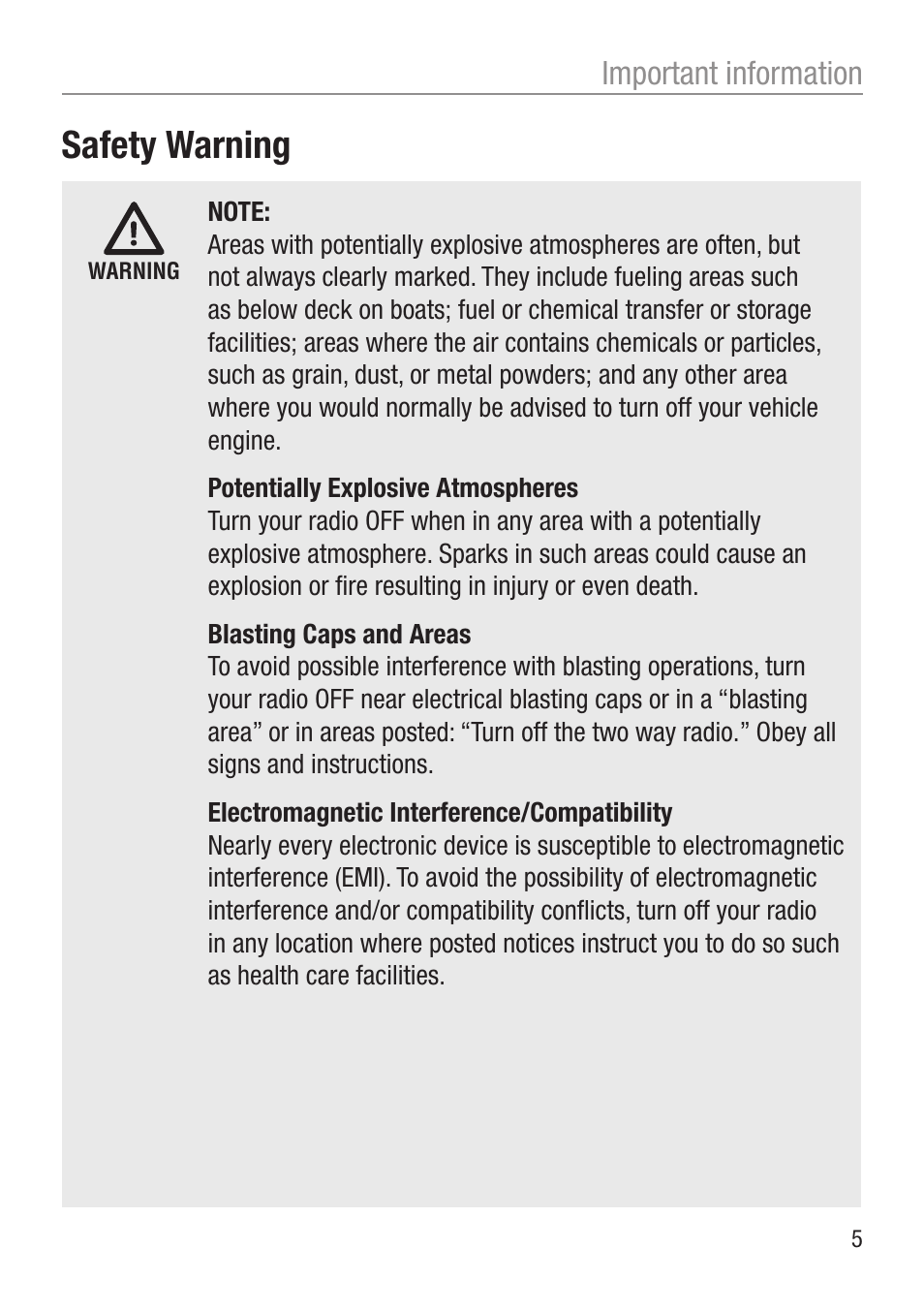 Safety warning, Important information | Oricom UHF050 User Manual | Page 5 / 24