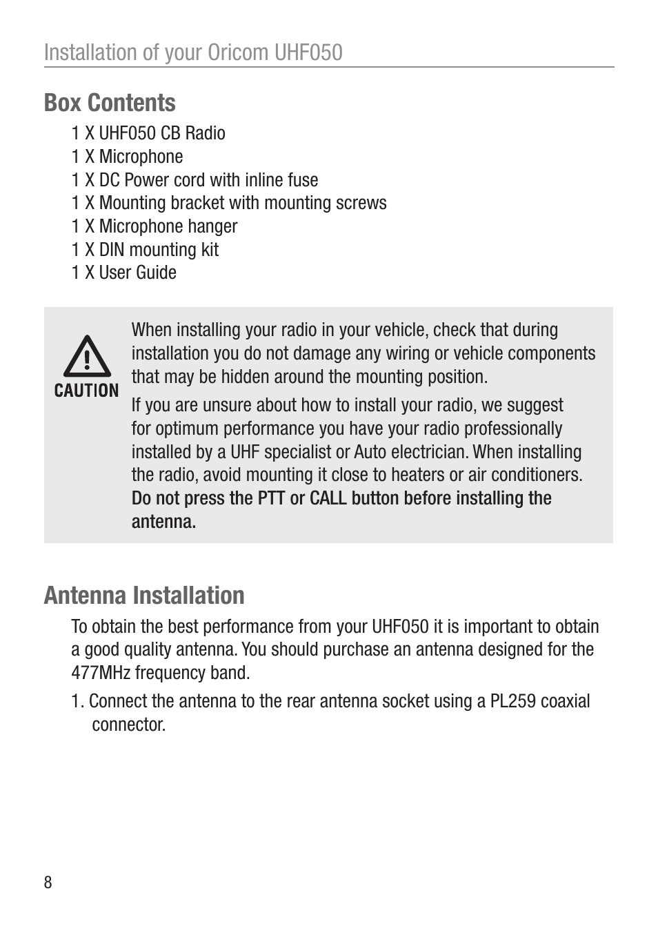 Box contents, Antenna installation | Oricom UHF050 User Manual | Page 8 / 24