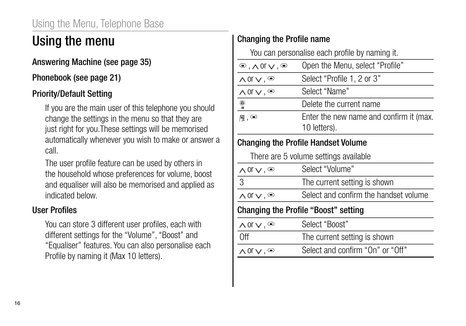 Using the menu, Using the menu, telephone base | Oricom Pro900 User Manual | Page 18 / 52