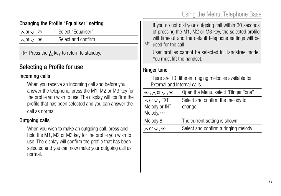 Using the menu, telephone base | Oricom Pro900 User Manual | Page 19 / 52