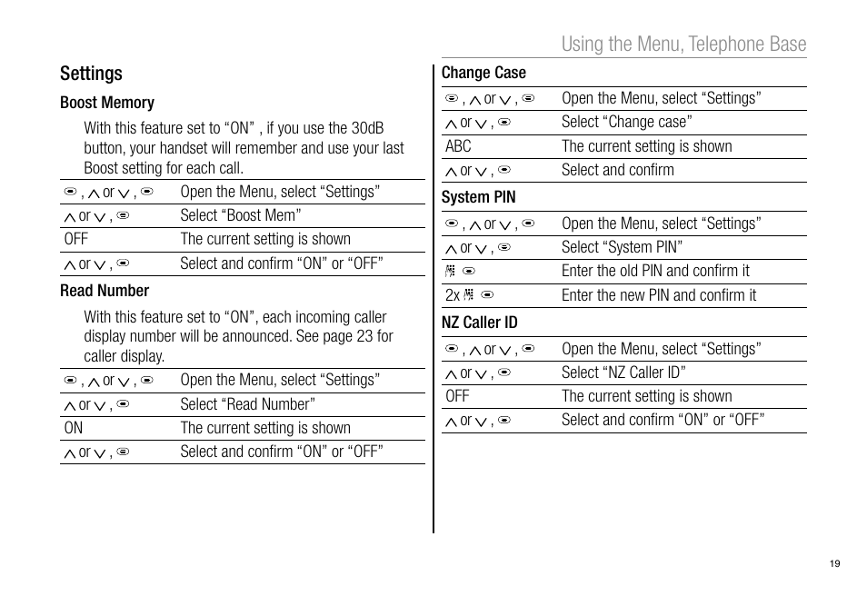 Using the menu, telephone base | Oricom Pro900 User Manual | Page 21 / 52