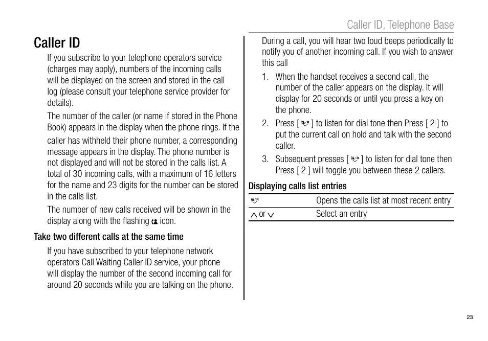 Caller id, Caller id, telephone base | Oricom Pro900 User Manual | Page 25 / 52