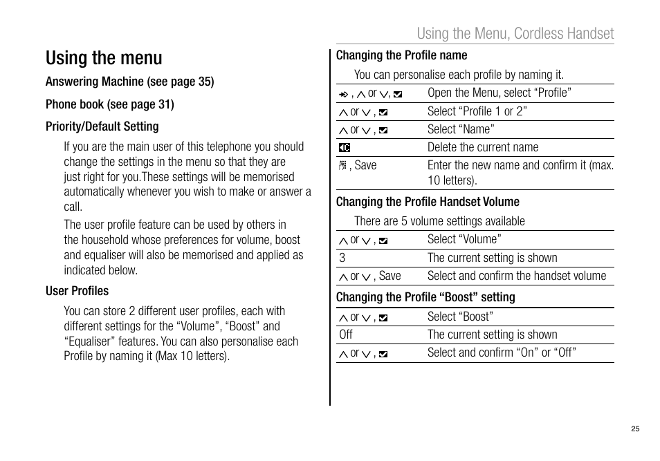 Using the menu, Using the menu, cordless handset | Oricom Pro900 User Manual | Page 27 / 52