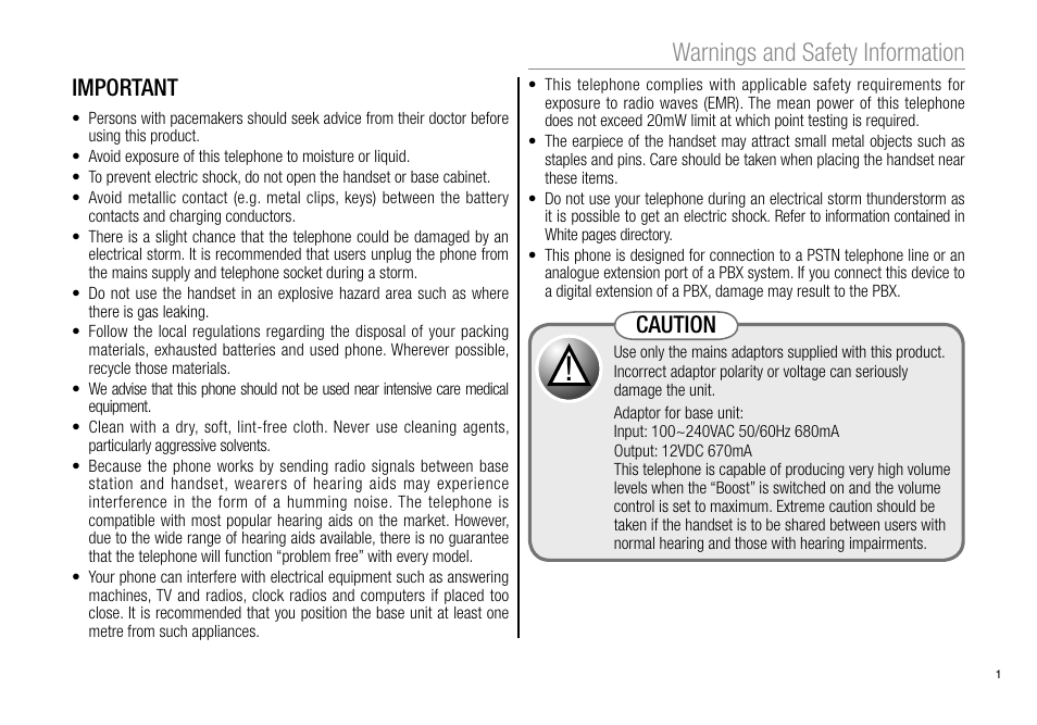 Warnings and safety information, Caution important | Oricom Pro900 User Manual | Page 3 / 52