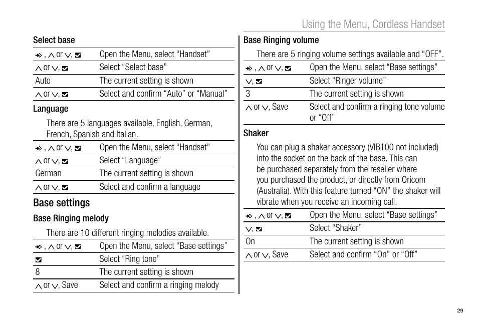 Using the menu, cordless handset | Oricom Pro900 User Manual | Page 31 / 52