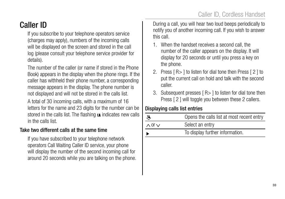 Caller id, Caller id, cordless handset | Oricom Pro900 User Manual | Page 35 / 52