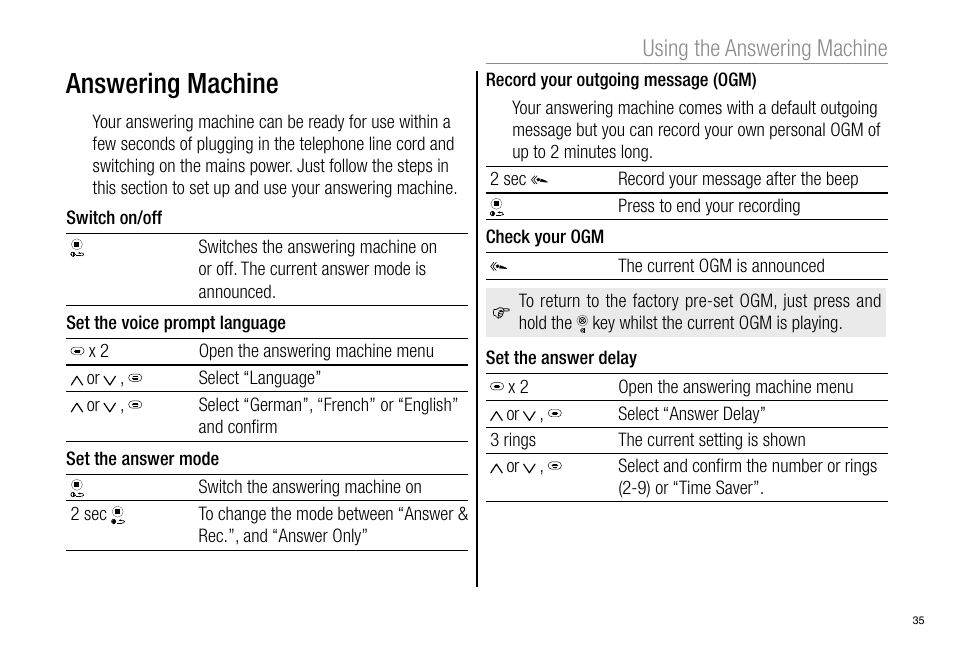 Answering machine, Using the answering machine | Oricom Pro900 User Manual | Page 37 / 52