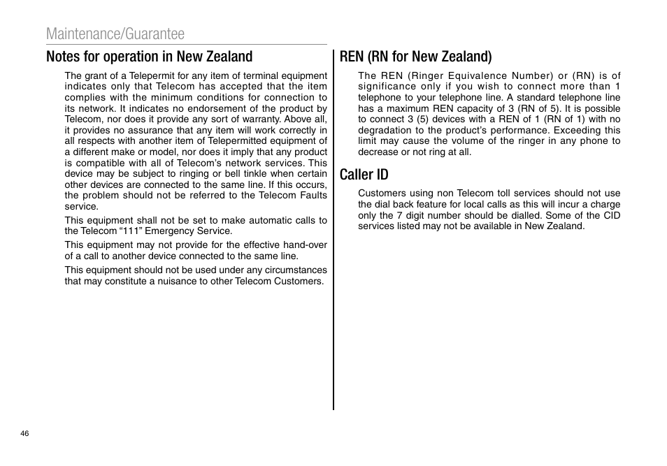 Maintenance/guarantee, Ren (rn for new zealand), Caller id | Oricom Pro900 User Manual | Page 48 / 52