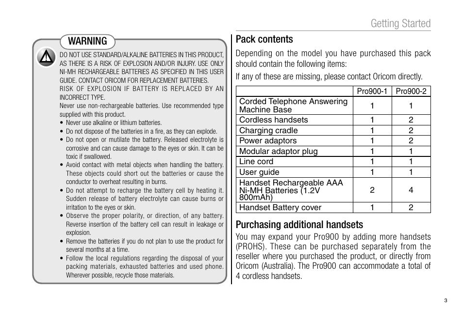 Getting started, Warning pack contents, Purchasing additional handsets | Oricom Pro900 User Manual | Page 5 / 52