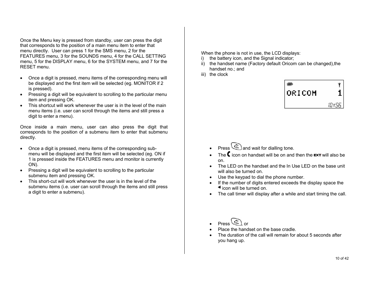 Menu short-cuts, Basic operations, During standby | Making external calls, Using traditional dialling, To end a call | Oricom S6000 User Manual | Page 10 / 42