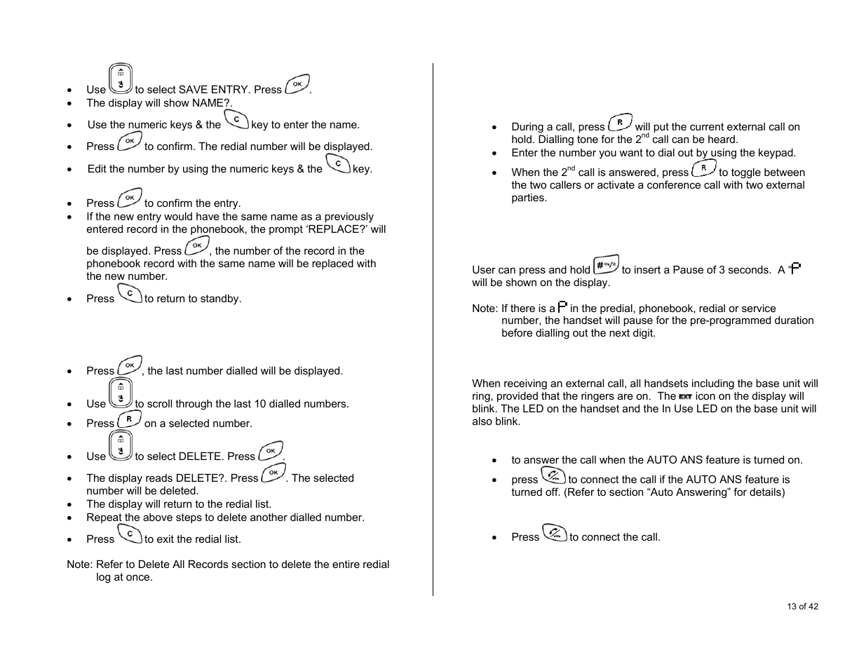 Delete a redial number, Making 2nd external call, Inserting pause for pbx system | Receiving external calls, Making 2, External call | Oricom S6000 User Manual | Page 13 / 42