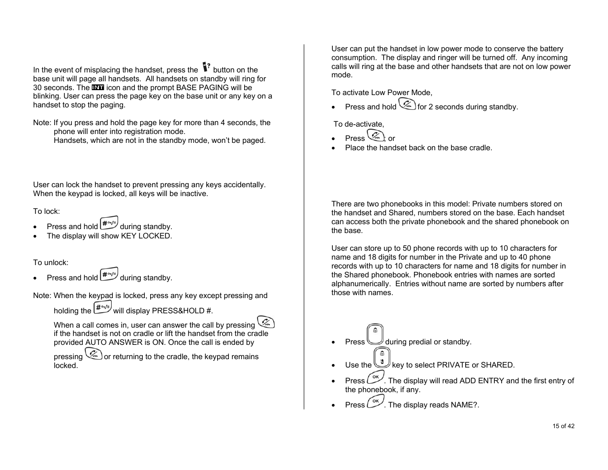 Handset keypad lock/unlock, Low power mode, Using the phone book | Storing an entry | Oricom S6000 User Manual | Page 15 / 42