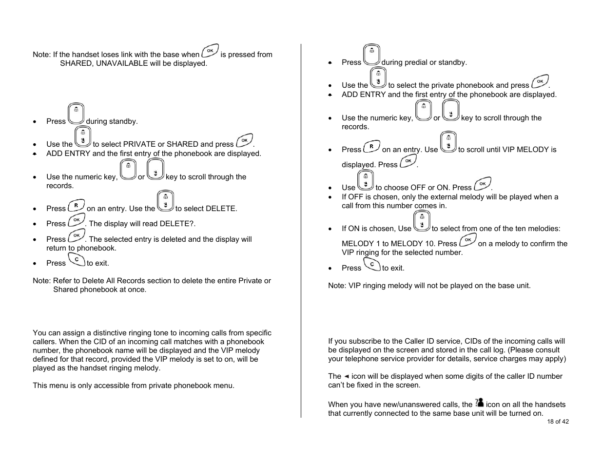 Vip ringing (melody), Caller id | Oricom S6000 User Manual | Page 18 / 42