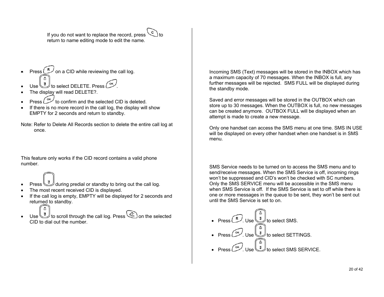 Deleting a cid record, Call back from the call log, Using sms | Sms service | Oricom S6000 User Manual | Page 20 / 42