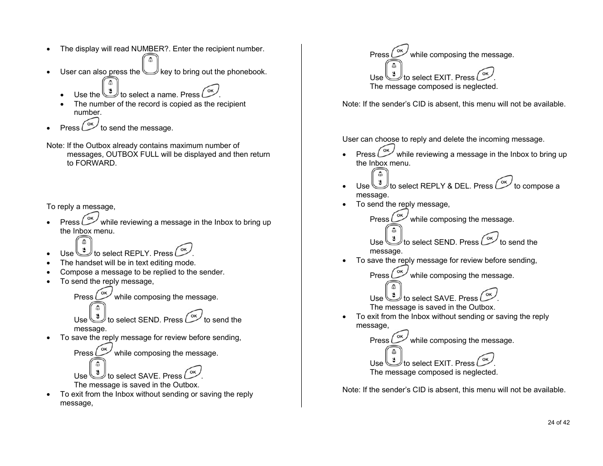 Replying the message, Reply and delete the message, Saving the sender’s number | Oricom S6000 User Manual | Page 24 / 42