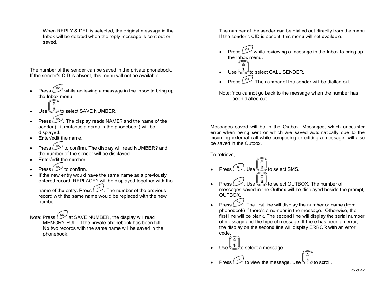 Calling the sender’s number, Retrieving message from outbox, Creating new messages from the saved messages | Saving the sender’s number | Oricom S6000 User Manual | Page 25 / 42