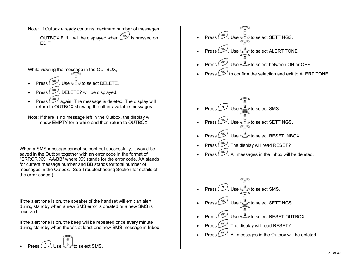 Sms error codes, Setting the alert tone, Deleting all messages in the inbox | Deleting all messages in the outbox, Text entry for sms, Deleting the saved message | Oricom S6000 User Manual | Page 27 / 42