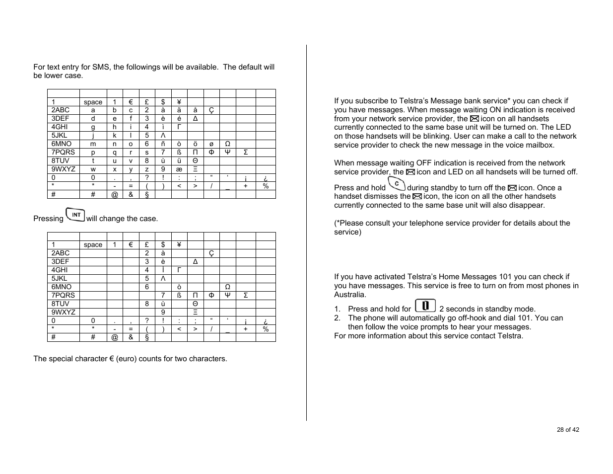 Additional features, Message waiting indication, One touch access to telstra® home messages 101 | Text entry for sms, One touch access to telstra, Home messages 101 | Oricom S6000 User Manual | Page 28 / 42