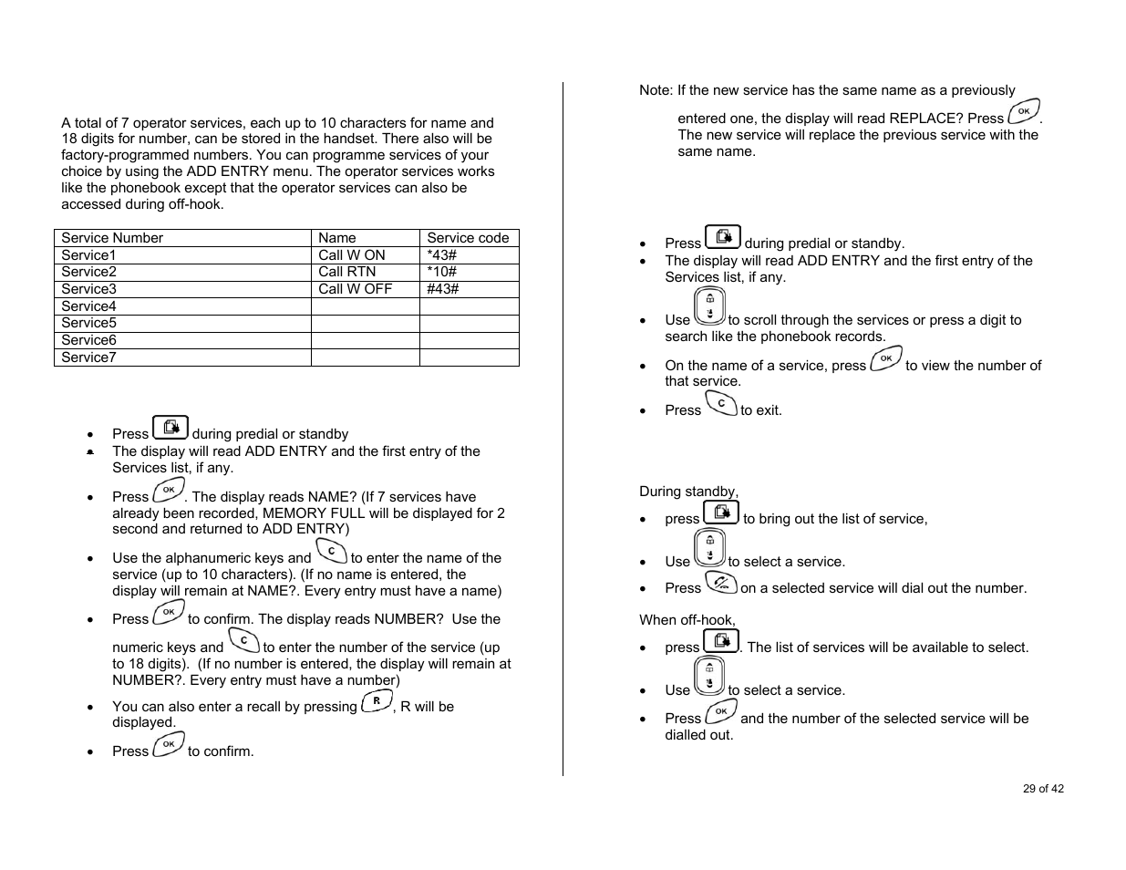 Operator services, Service number, Adding a service | Reviewing services, Dialling out the service number | Oricom S6000 User Manual | Page 29 / 42