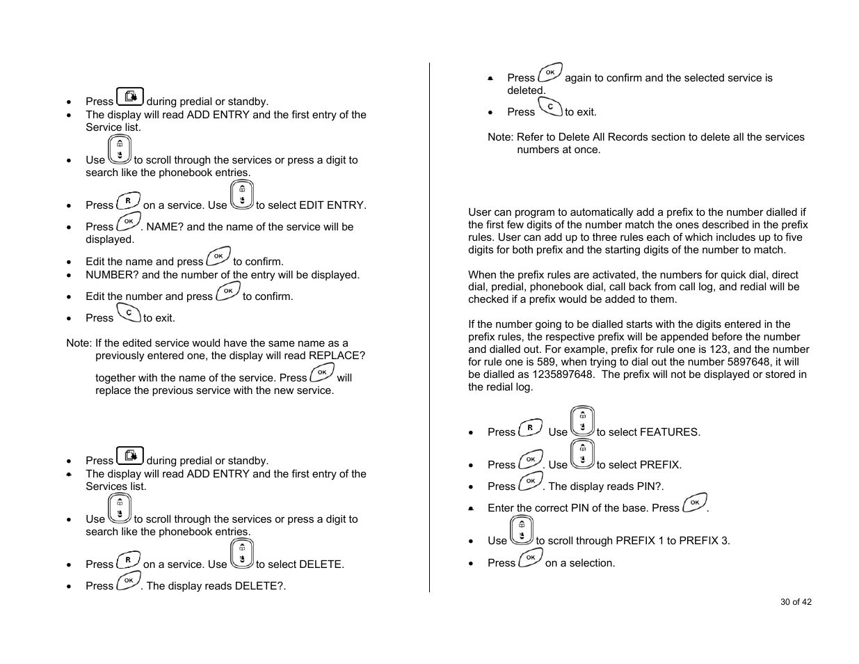 Editing service number, Delete a service, Prefix matching | Oricom S6000 User Manual | Page 30 / 42
