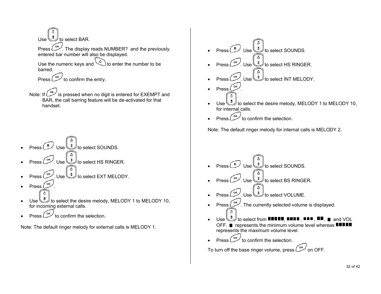 Handset ringer melody for external calls, Handset ringer melody for internal calls, Ringing volume for base | Oricom S6000 User Manual | Page 32 / 42