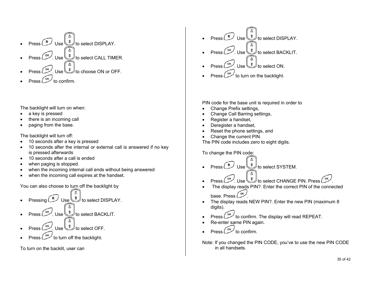 Backlit lcd / backlit lcd & keypad, Change the pin code for base | Oricom S6000 User Manual | Page 35 / 42