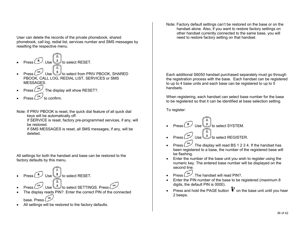 Delete all records, Reset factory default, Using additional handsets | Registration | Oricom S6000 User Manual | Page 36 / 42