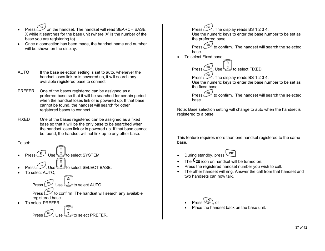Base selection, Making internal calls, To end a call | Oricom S6000 User Manual | Page 37 / 42