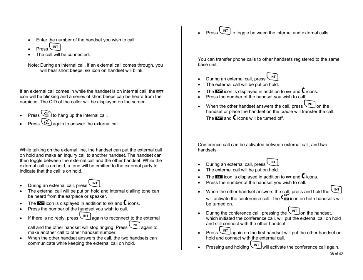 Using pre-dialling, Receiving external call during internal call, Inquiry call | Call transfer, Conference call | Oricom S6000 User Manual | Page 38 / 42