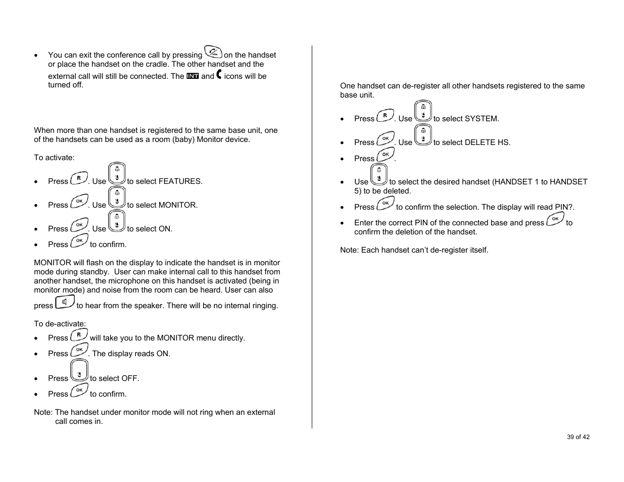 Room monitoring, De-register a handset | Oricom S6000 User Manual | Page 39 / 42