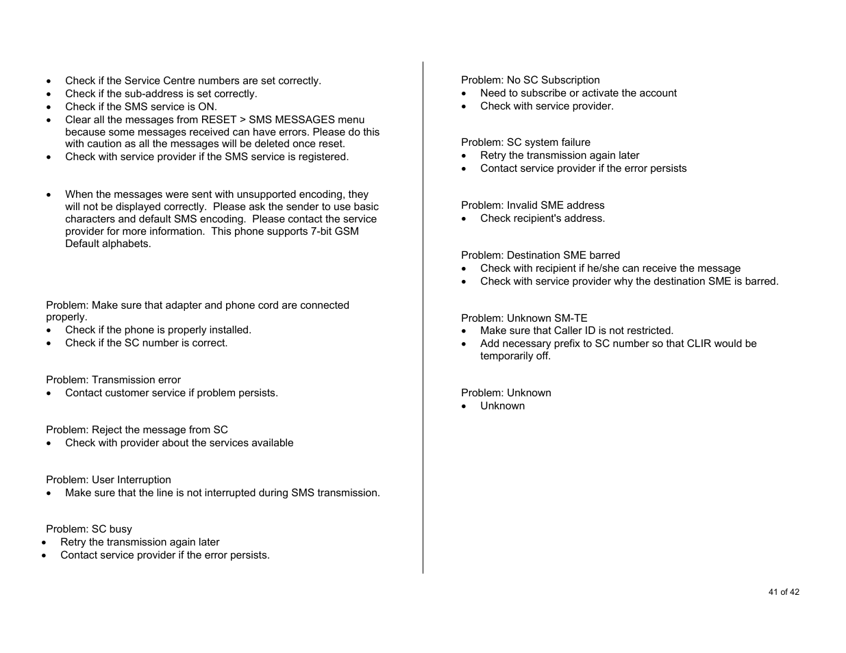 Sms is not working properly, Sms error codes | Oricom S6000 User Manual | Page 41 / 42