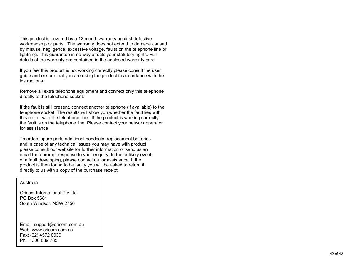 Warranty information | Oricom S6000 User Manual | Page 42 / 42