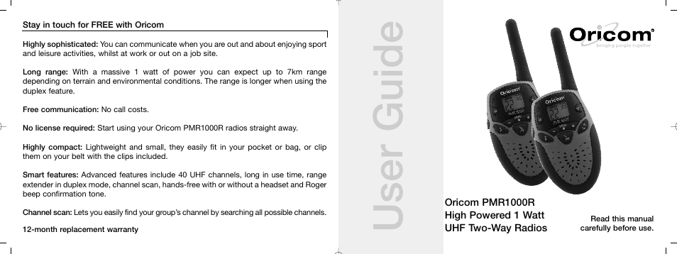 Oricom UHF TWO-WAY RADIOS PMR1000R User Manual | 12 pages