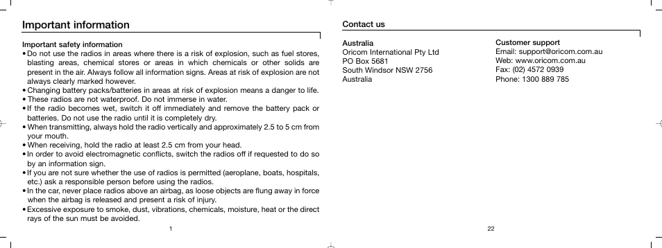 Important information | Oricom UHF TWO-WAY RADIOS PMR1000R User Manual | Page 2 / 12