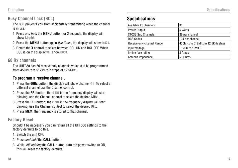 Specifications, Busy channel lock (bcl), 60 rx channels | Factory reset | Oricom 40 CHANNEL UHF CB UHF080 User Manual | Page 10 / 13