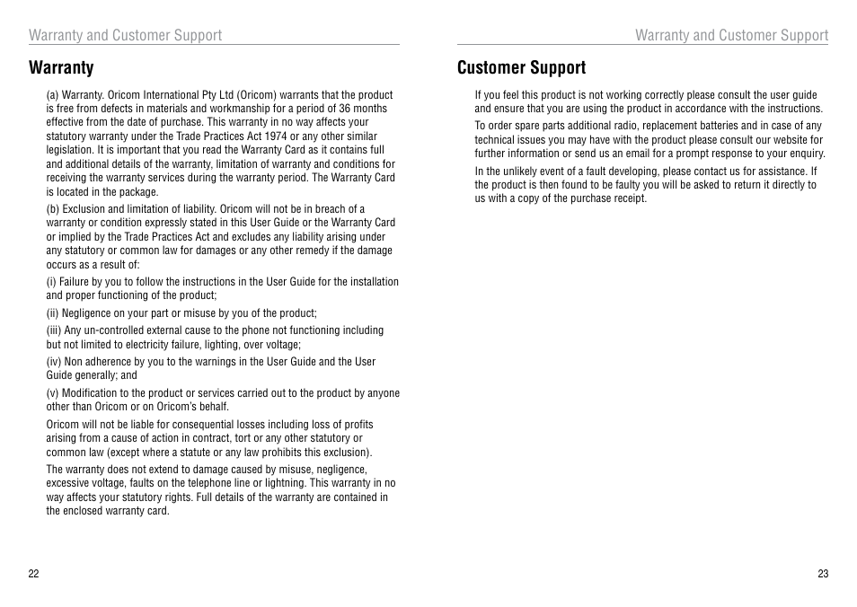 Warranty, Customer support | Oricom 40 CHANNEL UHF CB UHF080 User Manual | Page 12 / 13