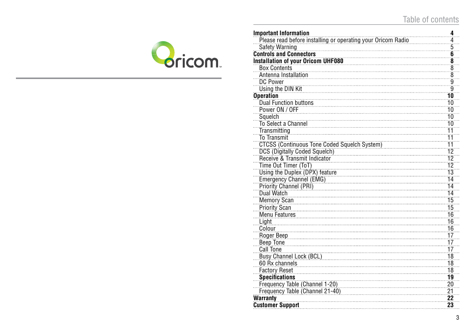 Oricom 40 CHANNEL UHF CB UHF080 User Manual | Page 2 / 13