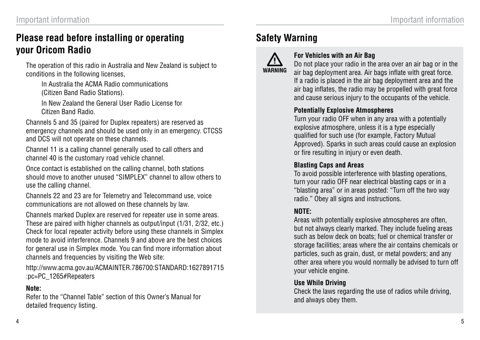 Safety warning | Oricom 40 CHANNEL UHF CB UHF080 User Manual | Page 3 / 13
