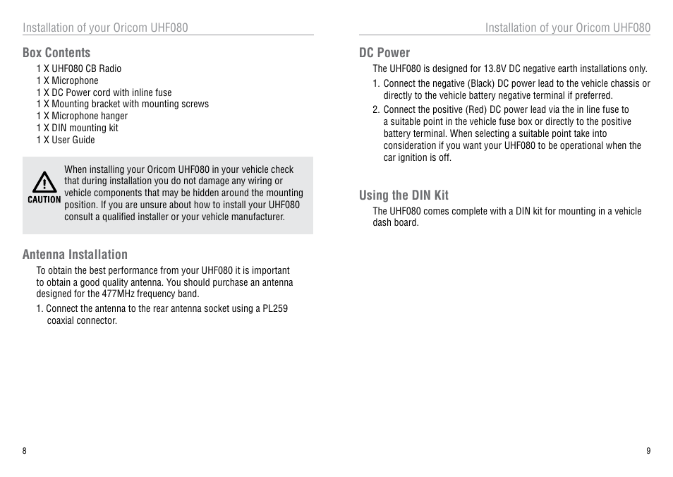 Box contents, Antenna installation, Dc power | Using the din kit | Oricom 40 CHANNEL UHF CB UHF080 User Manual | Page 5 / 13